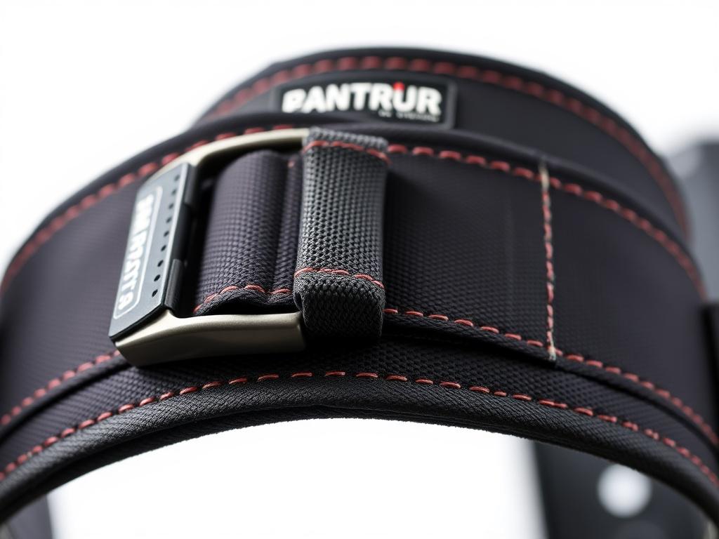 A close-up shot of a premium weightlifting belt, showcasing its sturdy construction and adjustable buckle. The belt should be displayed against a clean, simple background that emphasizes the belt's design and functionality. The material should appear durable, with visible stitching and branding details, and the focus should be sharp to highlight texture and quality. The composition should convey strength and support, appealing to fitness enthusiasts and athletes.