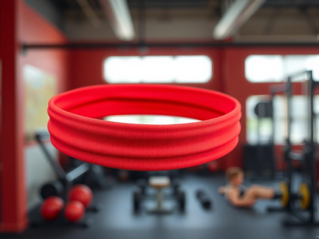 A close-up shot of a high-quality sports headband designed for athletes. The headband is made of moisture-wicking and breathable fabric, featuring a sleek design in vibrant red color (rgb(226, 1, 1)). The background is a soft, blurred gym environment to emphasize the product's use in sports activities. The headband should be the only subject in the image, showcasing its texture and elasticity.
