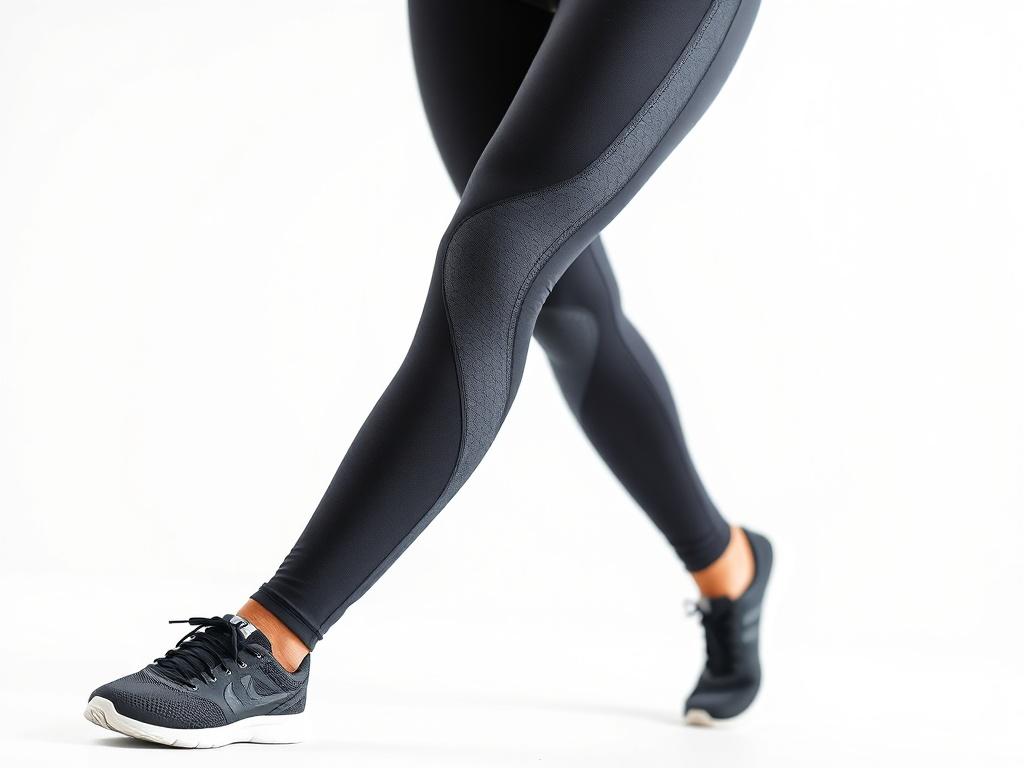 A hyper-realistic close-up shot of stylish fitness leggings displayed on a clean white background. The leggings should feature a unique design with attention to detail, showcasing their flexibility and quality fabric. Focus on the fit and texture, capturing the essence of activewear that combines style with performance. The composition should emphasize the leggings as the only subject, creating an eye-catching visual.