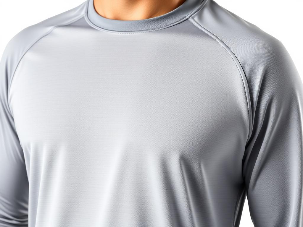 A hyper-realistic close-up shot of a moisture-wicking fitness shirt displayed on a clean white background. The shirt should highlight its lightweight fabric and stretchy design, showcasing its fit and comfort. Focus on the texture and breathability of the material, capturing the essence of activewear. The composition should center solely on the shirt, creating a clear and impactful visual.