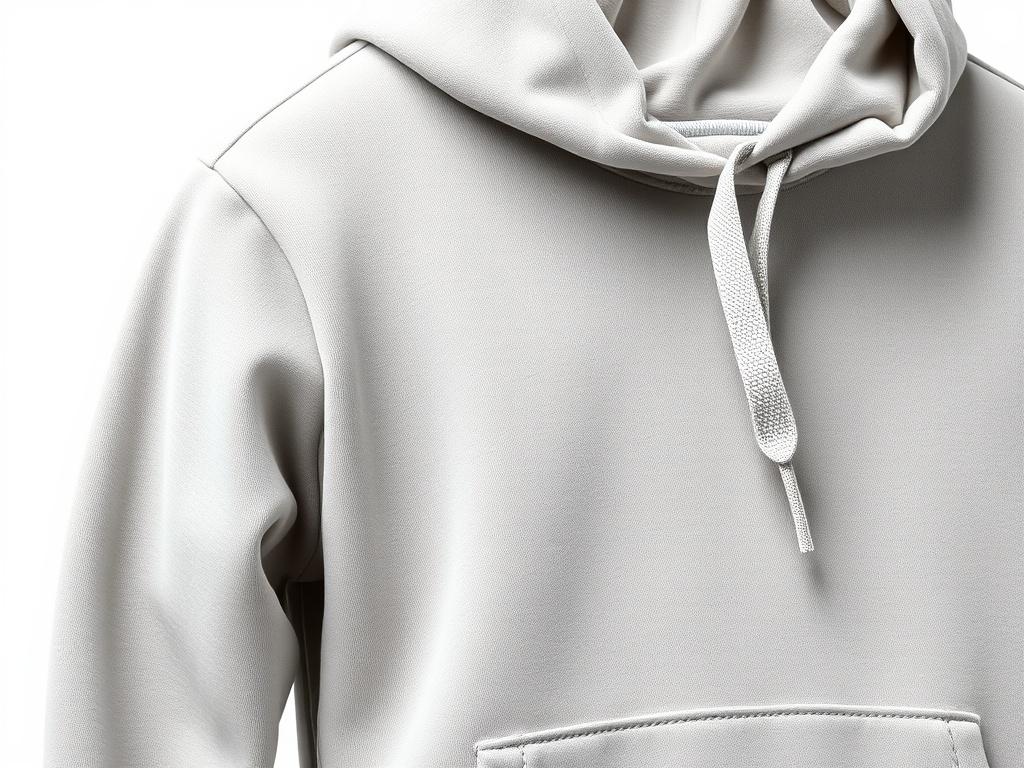 A hyper-realistic close-up shot of a stylish hoodie, displayed on a clean white background. The hoodie should feature unique design elements and textures, showcasing its softness and quality. Focus on the adjustable hood and pocket details, capturing the essence of comfort and style. The composition should emphasize the hoodie as the sole subject, creating a striking visual impact.