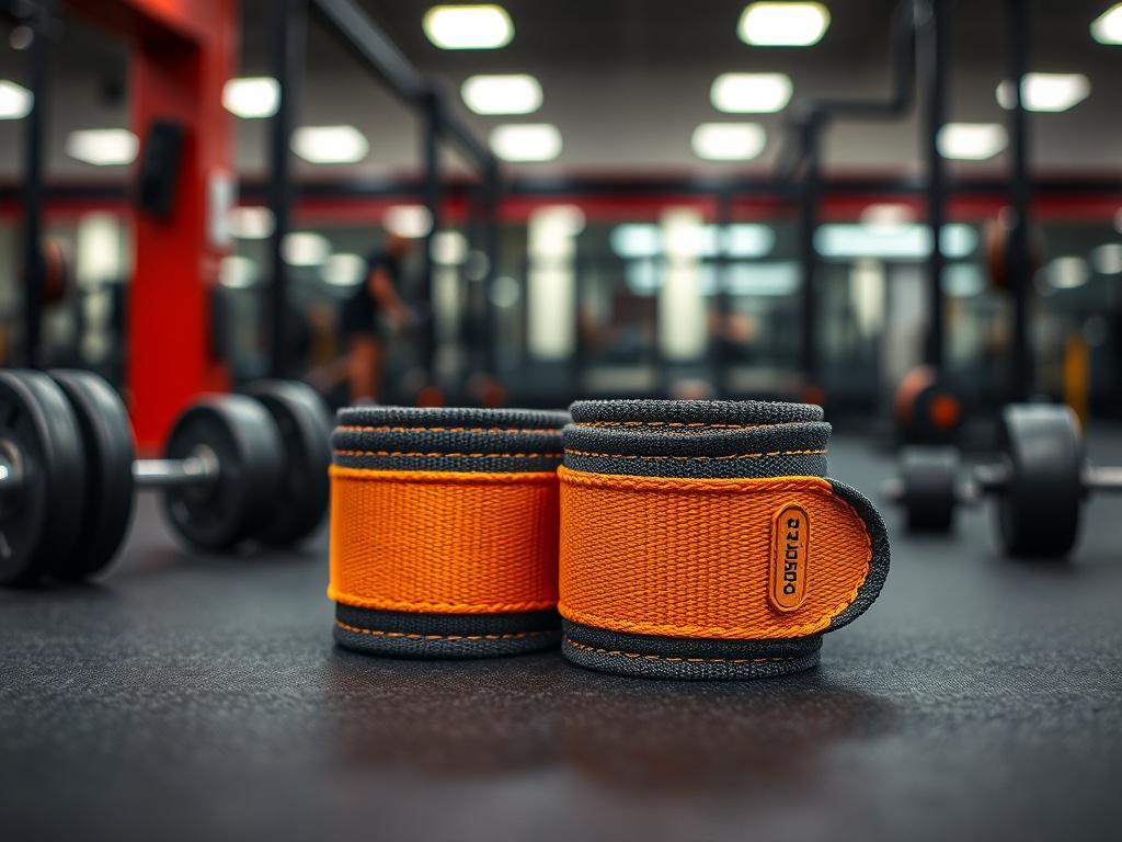 A hyper-realistic close-up shot of WRIST WRAPS FOR GYM laid flat on a gym surface. The wraps should be prominently displayed in focus, showcasing their durable material and intricate stitching details. The background should be a blurred gym setting, with weights and exercise equipment subtly visible to create an authentic gym atmosphere. The image should reflect vibrant colors, highlighting the quality and craftsmanship of the product.