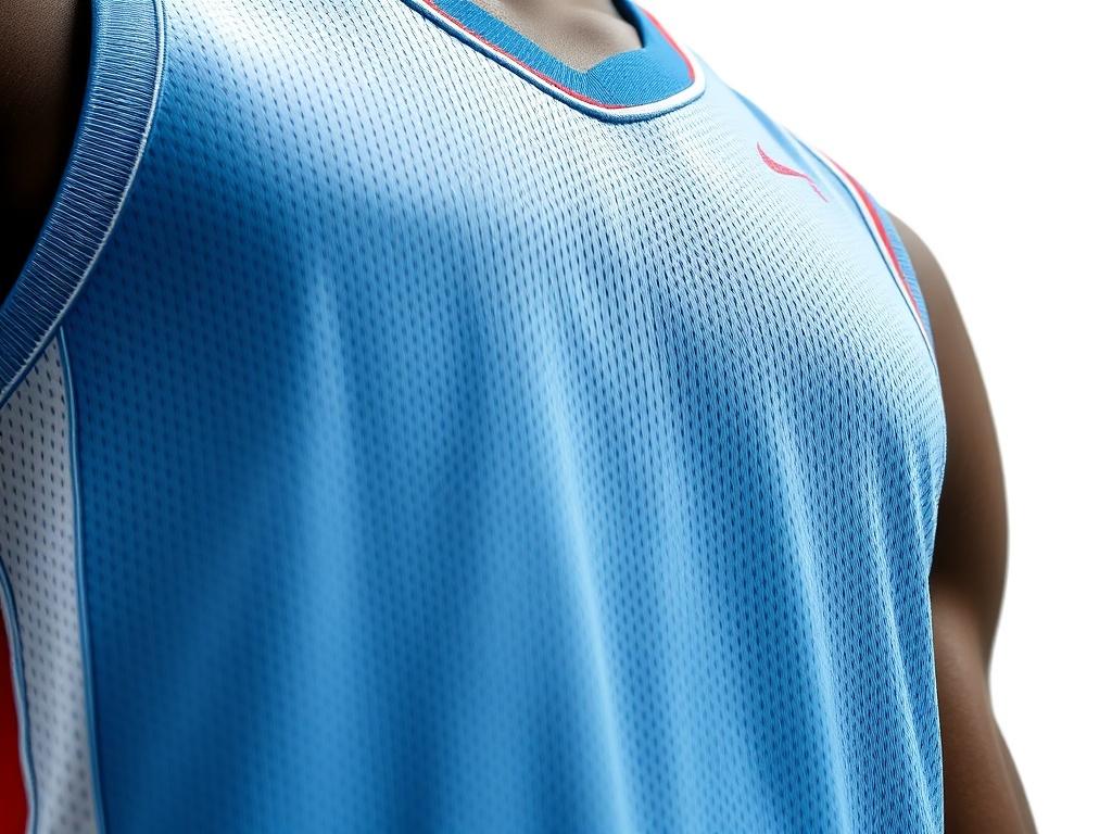 A hyper-realistic close-up shot of a high-performance basketball uniform displayed on a clean white background. The uniform should showcase vibrant colors and intricate design details, emphasizing its lightweight fabric and breathable nature. Focus on the stitching and fit, capturing the essence of athleticism and performance. The composition should highlight only the uniform, creating a powerful visual representation.