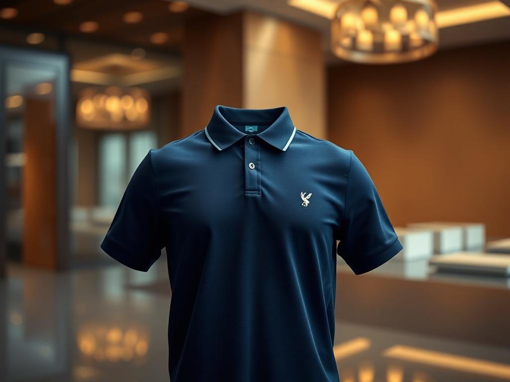 A luxury polo shirt showcased on a sleek, modern surface. The shirt is made from high-quality cotton with a smooth finish, featuring a subtle embroidered logo on the chest. The color is a rich navy blue, exuding sophistication. The background is softly blurred to emphasize the shirt, creating an elegant and upscale appearance, with warm lighting that highlights the fabric's texture and quality.