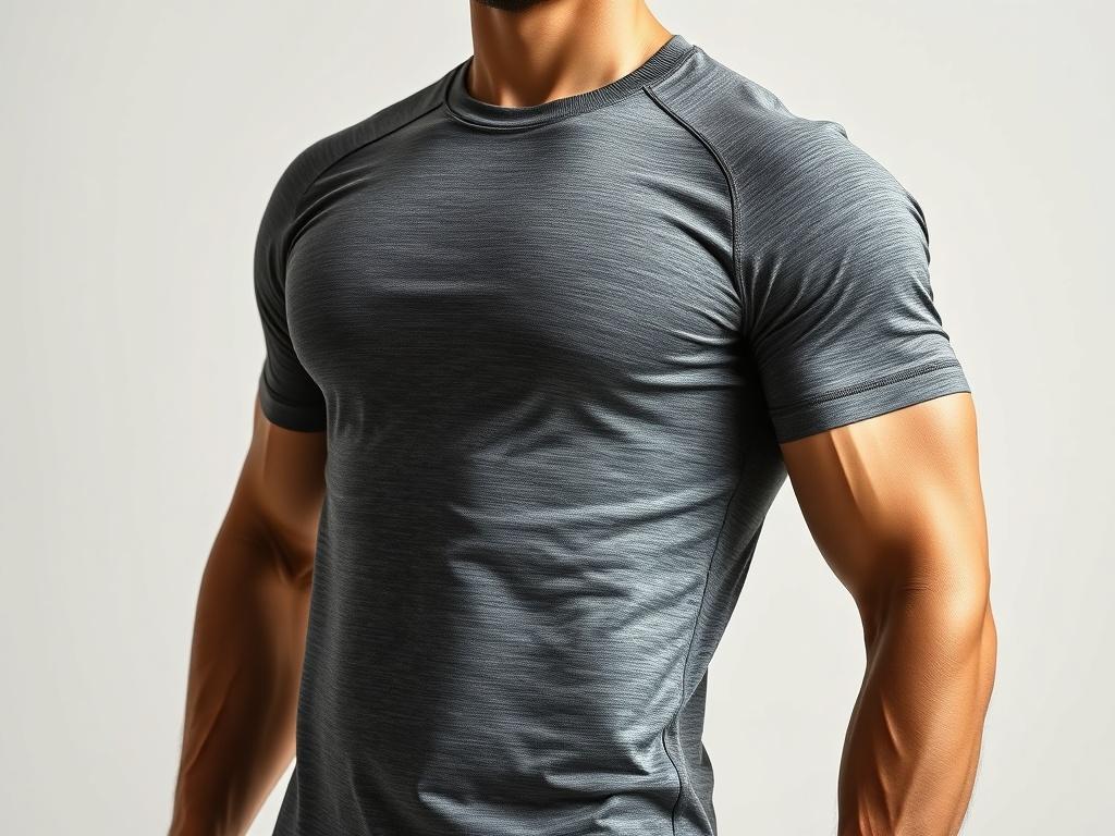 A realistic high-resolution photo of a men's workout t-shirt, showcasing its breathable fabric and comfortable fit. The t-shirt should be displayed on a simple, neutral background to highlight the garment's design. The focus should be on the texture and color of the fabric, capturing the essence of activewear. The image should emphasize the sporty look, making it appealing for gym enthusiasts.