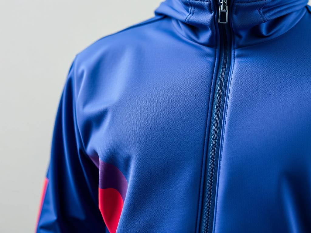 A realistic high-resolution photo of a warm-up tracksuit for gym, featuring a close-up shot of the tracksuit in vibrant colors. The tracksuit should be displayed on a simple, neutral background to emphasize its design. The fabric texture should be visible, showcasing the quality and breathability of the material. The composition should focus solely on the tracksuit, without any distractions in the background.