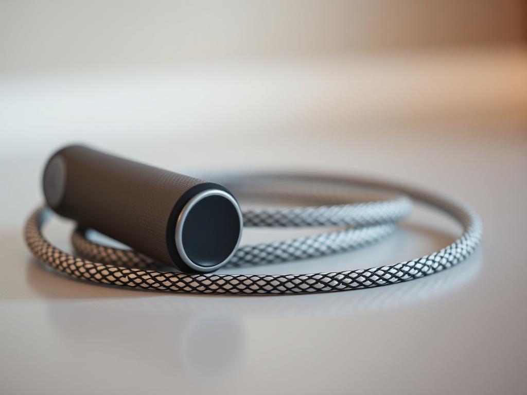 A hyper-realistic close-up shot of a high-quality jumping rope on a smooth surface. The jumping rope features a sturdy handle with a textured grip and a sleek rope design. The background is softly blurred to emphasize the texture and detail of the rope, shot with a 45mm f/1.2 lens style. The primary color theme is rgb(226, 1, 1), creating a vibrant and energetic atmosphere.