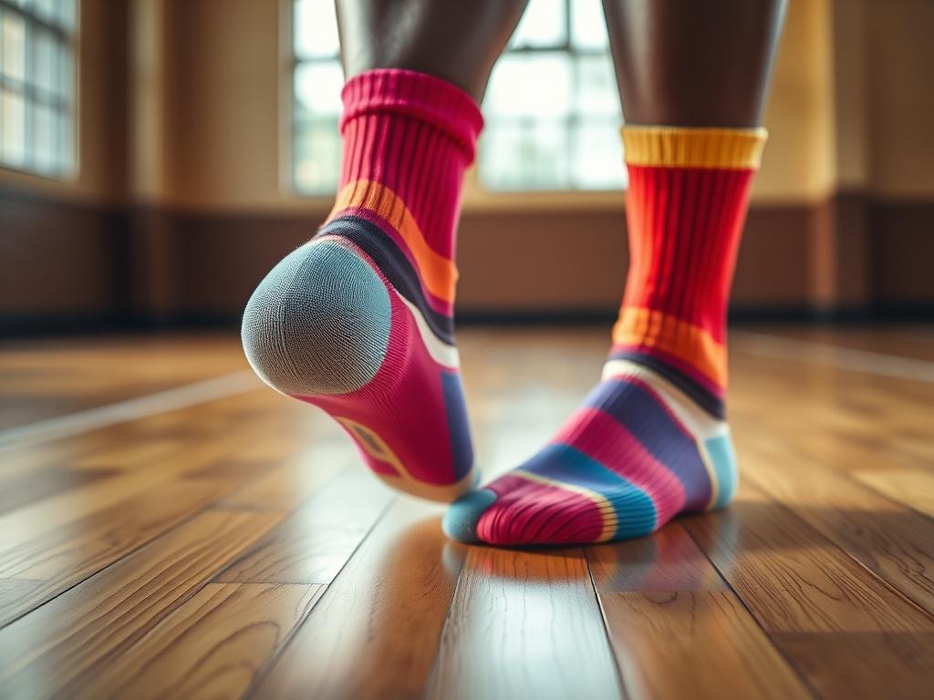 A close-up shot of a pair of vibrant sports socks displayed on a wooden gym floor. The socks should feature dynamic colors, showcasing their breathable fabric and cushioned sole. The background should be softly blurred to emphasize the socks as the main subject. The lighting should highlight the textures of the fabric, giving a hyper-realistic appearance. The overall tone should reflect an active and sporty lifestyle.