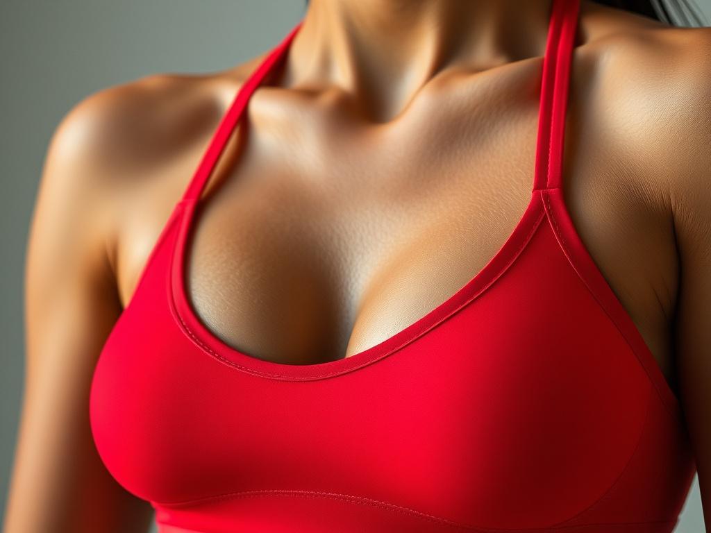 A hyper-realistic close-up shot of a sports bra designed for women, featuring a sleek and modern look. The bra should have a vibrant red color that matches the primary color rgb(226, 1, 1), with breathable fabric and stylish straps. The background should be soft and neutral to highlight the product's details, capturing the texture and design intricacies clearly.