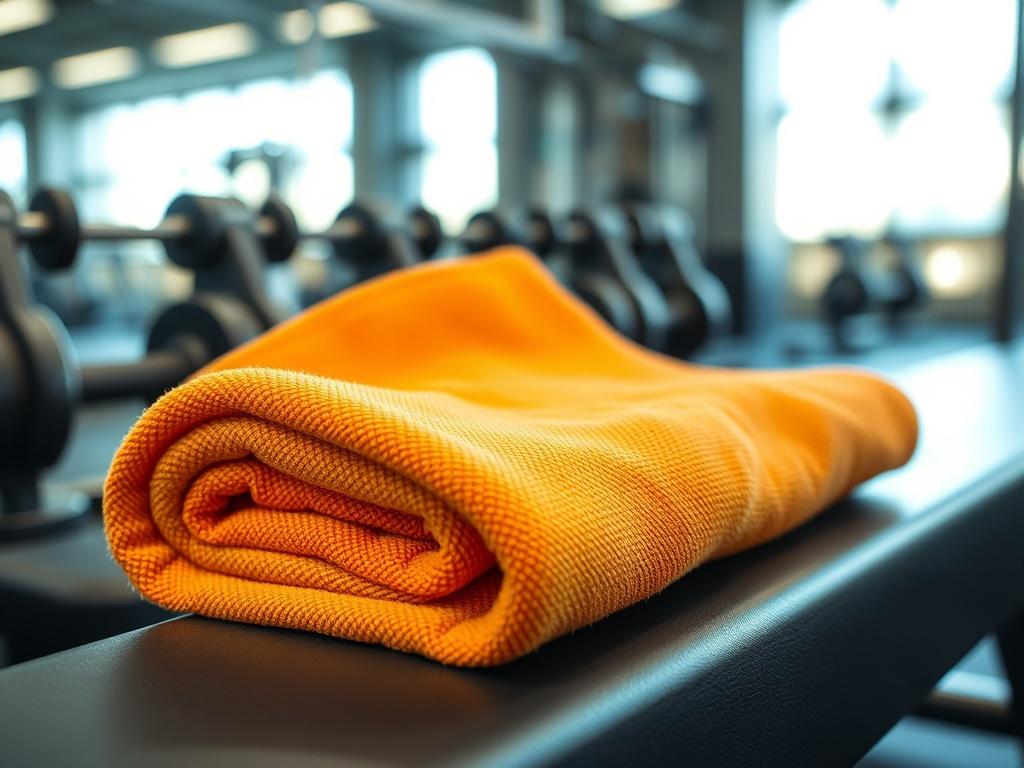 A realistic high-resolution photo of a vibrant gym towel folded neatly on a gym bench. The towel should be prominently displayed in the foreground, showcasing its soft texture and vibrant color. The background should be a blurred gym setting, with weights and exercise equipment subtly visible, creating an active atmosphere. The lighting should be bright and inviting, enhancing the towel's colors and details.