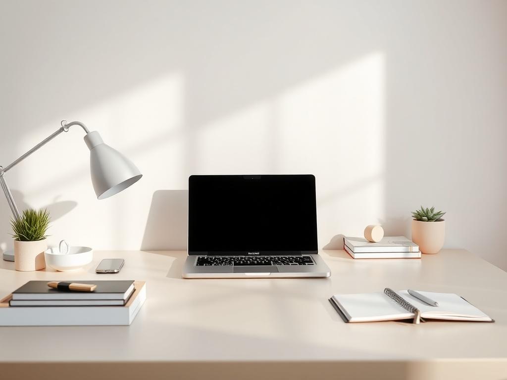 A serene workspace featuring a neatly organized desk with a