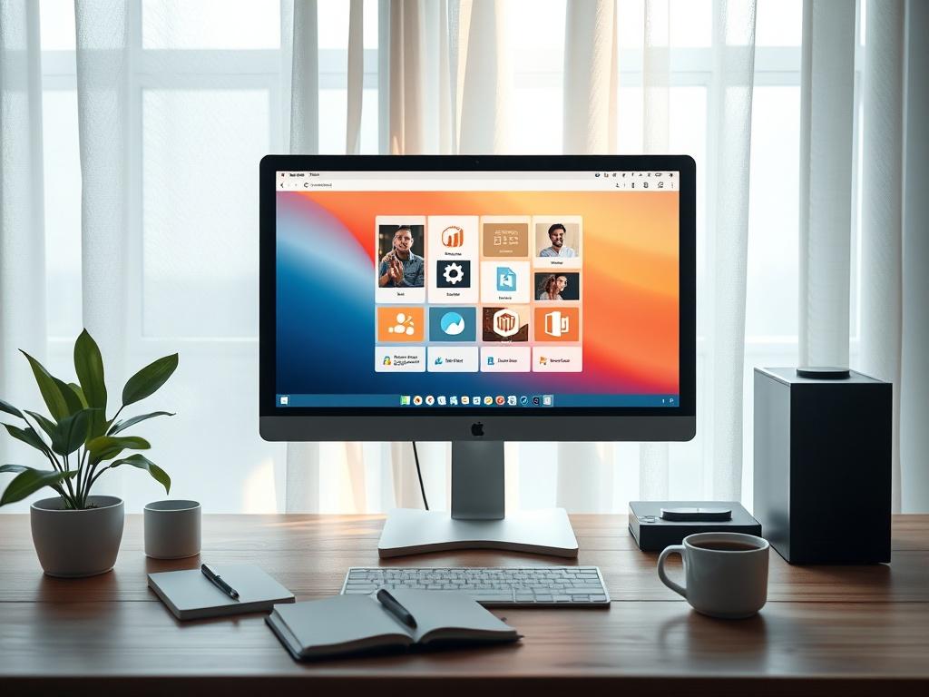 Create a realistic high resolution of a serene workspace featuring