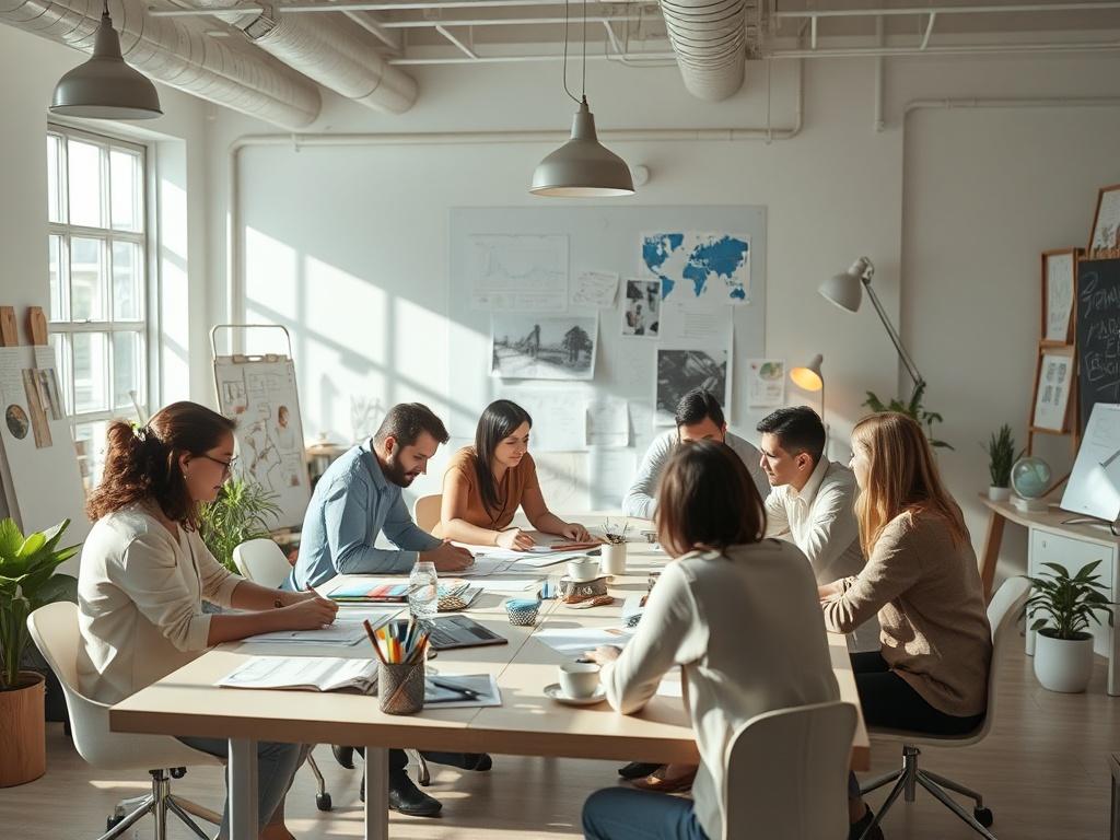 A vibrant creative studio with artists brainstorming around a table,