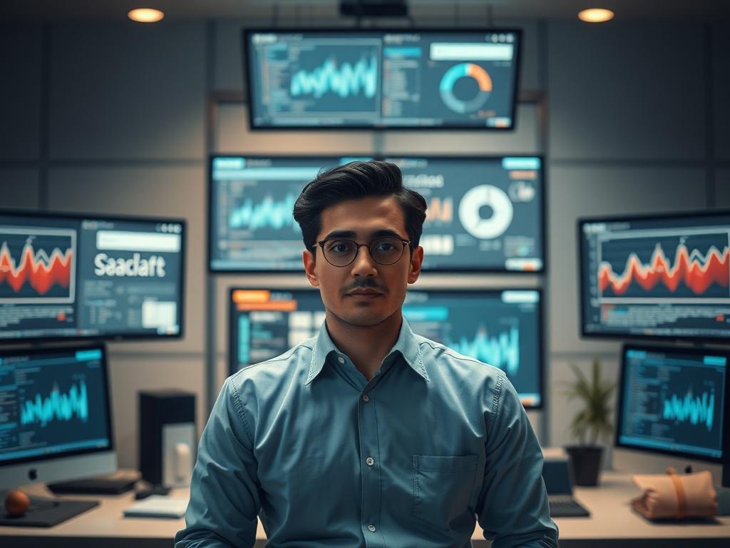 An individual in a modern workspace, surrounded by multiple screens