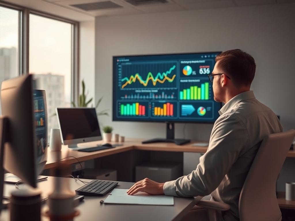 A serene office scene with a professional analyzing data on