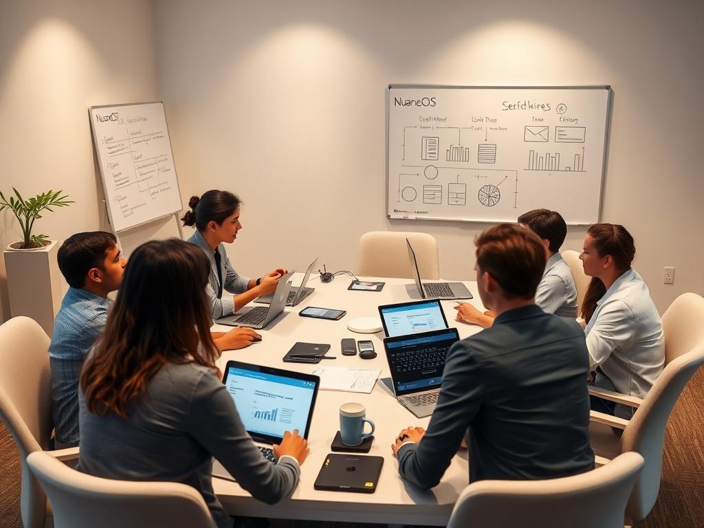 A diverse group of professionals gathered around a conference table,