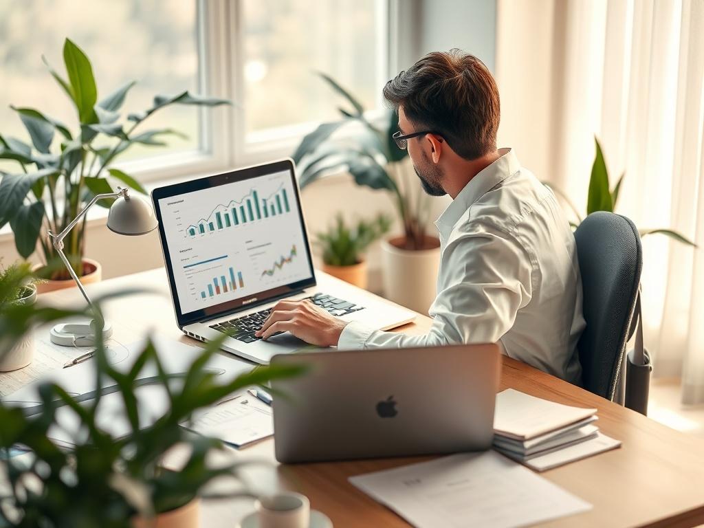 A professional analyzing data on a laptop while sitting at