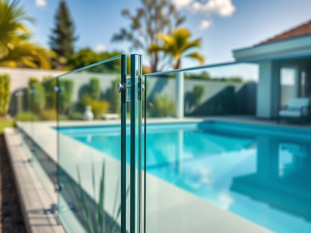 A beautifully installed glass pool fence surrounding a modern swimming pool in a sunny backyard. The image should focus on the transparent glass panels, showcasing their sleek design and clarity. The background features a well-maintained garden with vibrant greenery and a blue sky, emphasizing a safe and inviting outdoor space. The composition should be simple and clear, highlighting the single subject of the glass fence with a high-resolution close-up shot.