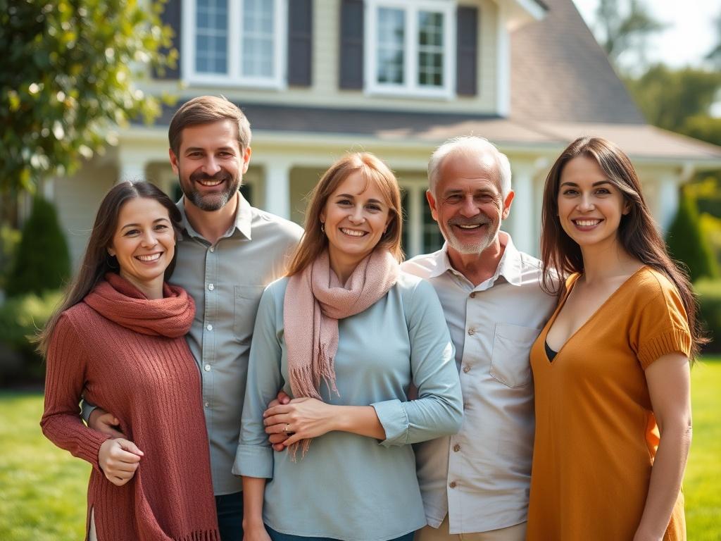 A close-up shot of a happy family standing in front of their home, radiating warmth and security. The background shows a well-maintained house and a lush green lawn. The image captures the essence of family protection and financial security. The lighting is bright and inviting, showcasing the family in a natural outdoor setting.