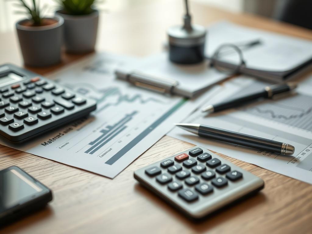A hyper-realistic close-up shot of a sophisticated financial planner's desk, featuring a modern calculator, financial documents, and a sleek pen. The background is softly blurred to focus on the desk's details, with the primary color rgb(50, 170, 39) subtly integrated into the decor, creating a professional and inviting atmosphere.