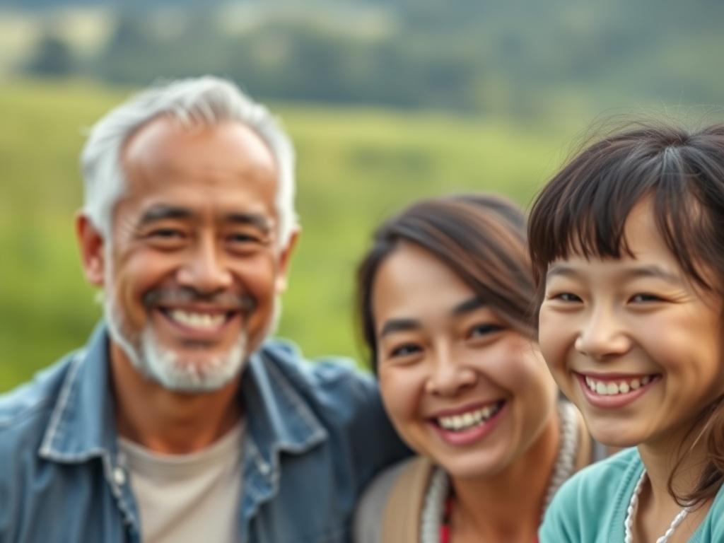 A close-up shot of a family smiling together in a serene outdoor setting, symbolizing security and protection. The background features a soft-focus green landscape, evoking a sense of peace and assurance. The image should capture the warmth and love of family, reflecting the essence of life insurance as a protective measure for loved ones. Use realistic high-resolution rendering, with vibrant colors that complement the rgb(50, 170, 39) primary color.