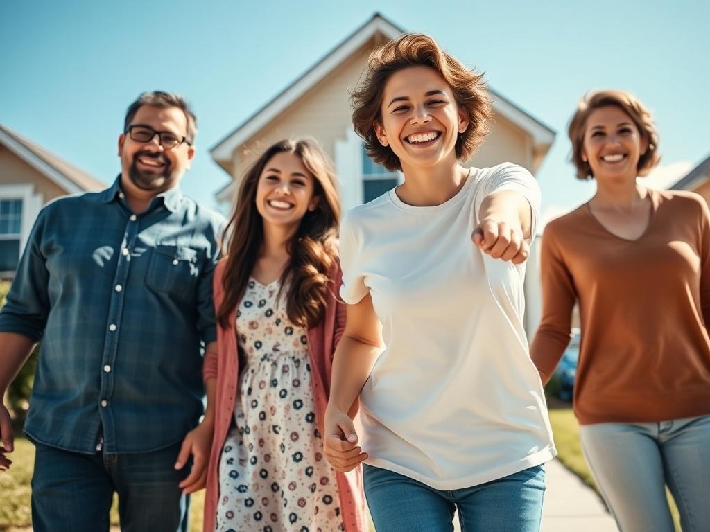 A close-up shot of a family holding hands in front of their home, symbolizing security and protection. The background is a beautiful suburban neighborhood with clear blue skies. The focus is on the family's joyful expressions, conveying trust and happiness, captured with a 45mm f/1.2 lens style.