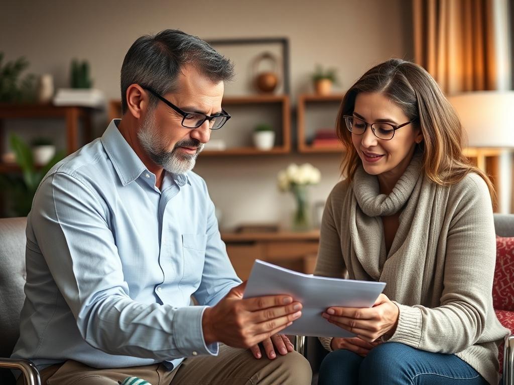A close-up image of a professional advisor assisting a family with paperwork in a warm and welcoming office environment. The focus should be on the advisor's empathetic demeanor and the family's relief, emphasizing support and care, shot with a 45mm f/1.2 lens.