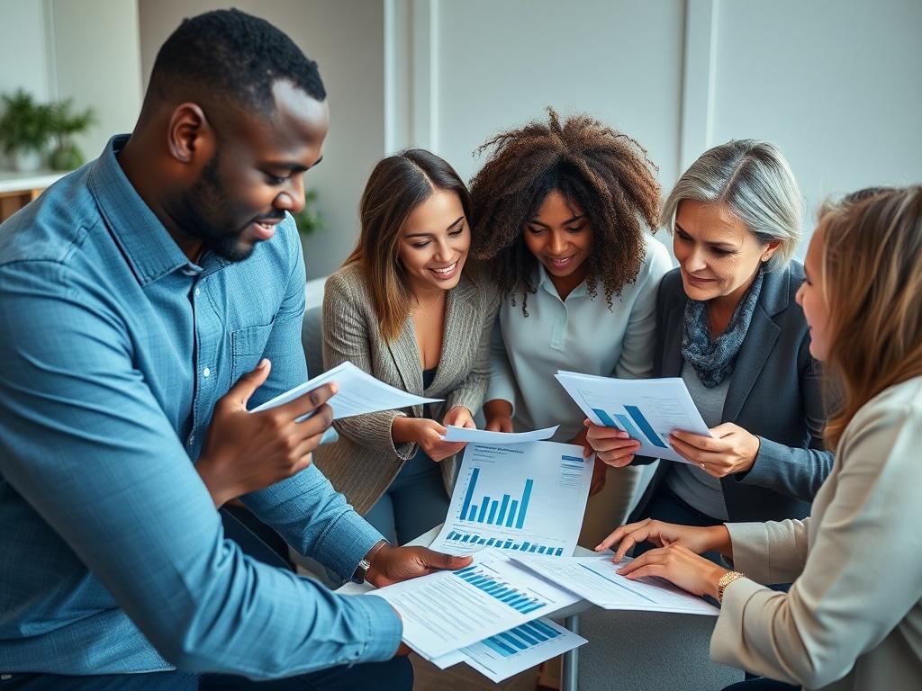 A close-up shot of a diverse group of individuals discussing options with a financial advisor, surrounded by documents and charts that illustrate different coverage plans. The atmosphere should convey professionalism and collaboration, shot with a 45mm f/1.2 lens.
