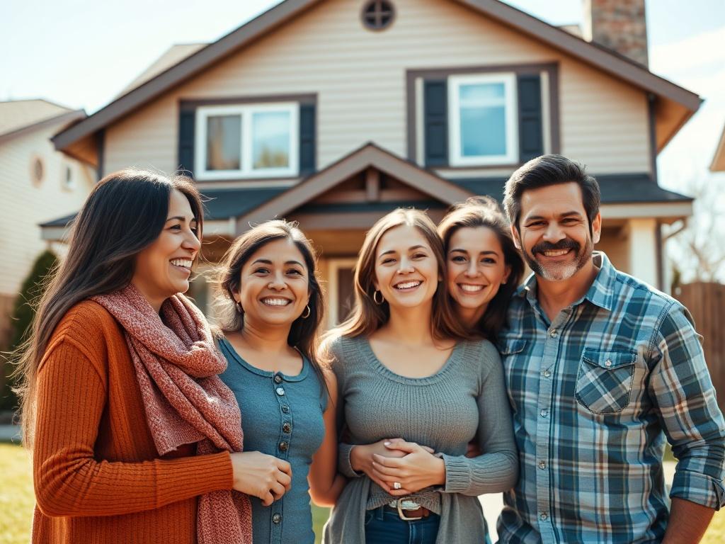 A close-up shot of a family standing happily in front of their home, showing smiles and warmth, with the house in focus. The background should be a sunny day in a suburban setting, emphasizing a safe and inviting atmosphere, shot with a 45mm f/1.2 lens.
