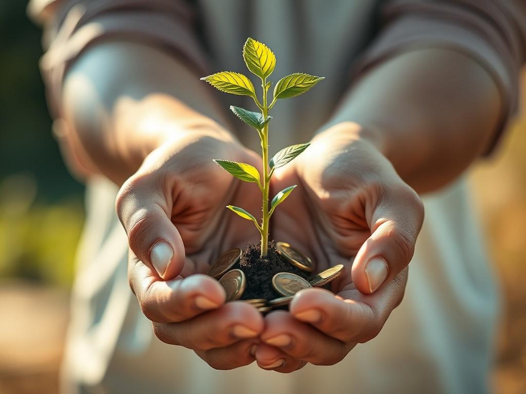 A close up shot of hands holding a growing plant