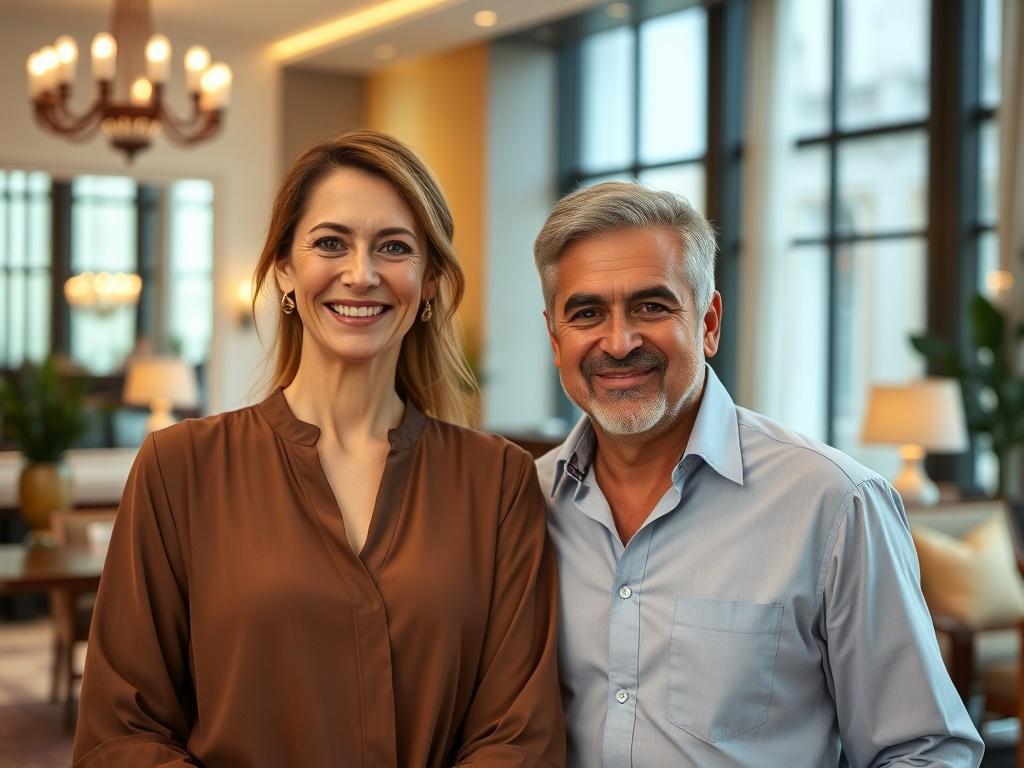 A close-up shot of two hotel owners, Zafira and Dimitrios, standing proudly in their beautifully designed hotel lobby. Zafira is wearing a stylish blouse and smiling, while Dimitrios is in a smart casual shirt, looking confident. The background features elegant decor of the hotel, with warm lighting and tasteful furnishings, creating an inviting atmosphere. The image should be hyper-realistic, shot with a 45mm f/1.2 lens, to highlight their expressions and the luxurious setting.