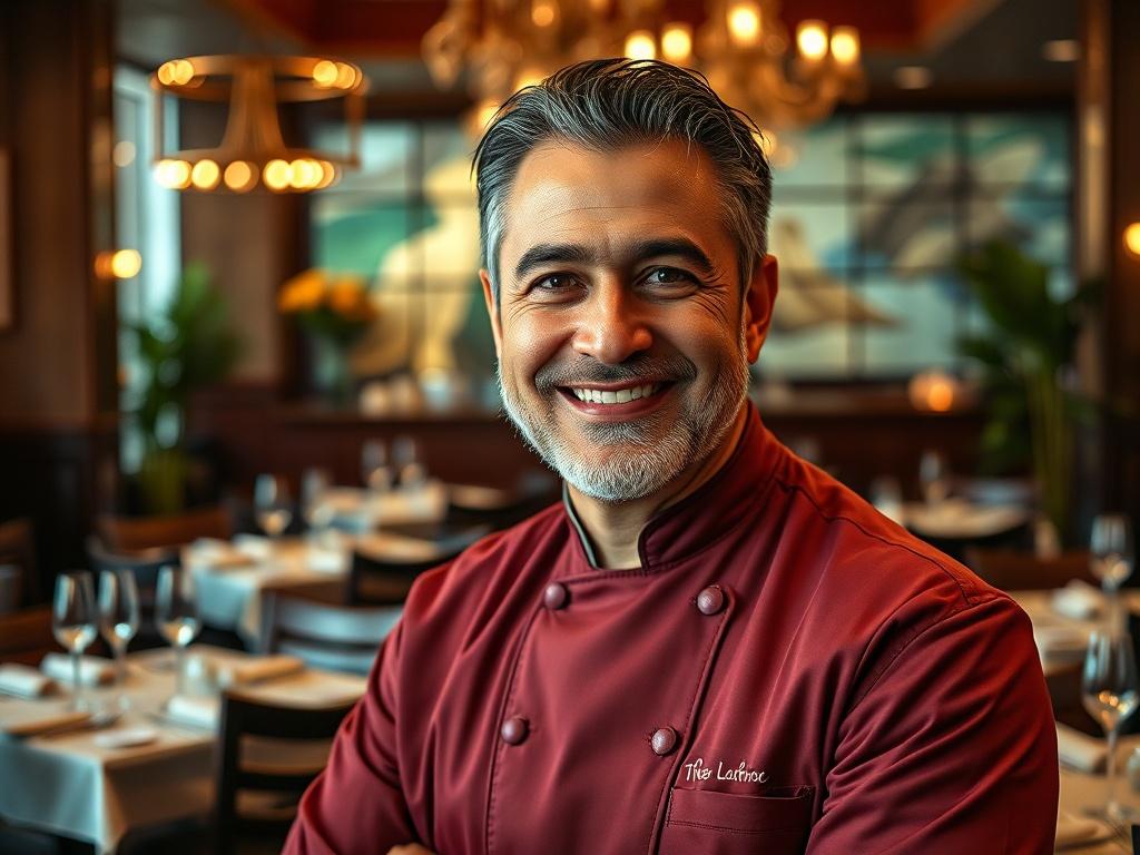 A close-up shot of a professional restaurant owner, Antonio Russo, smiling confidently in a vibrant restaurant setting. The background features a beautifully arranged dining area with elegant table settings and soft lighting, creating an inviting atmosphere. Antonio is wearing a chef's jacket with a name tag, showcasing his authority in the culinary world. The colors in the image should be warm and inviting, with a focus on the rich hues of the restaurant decor.