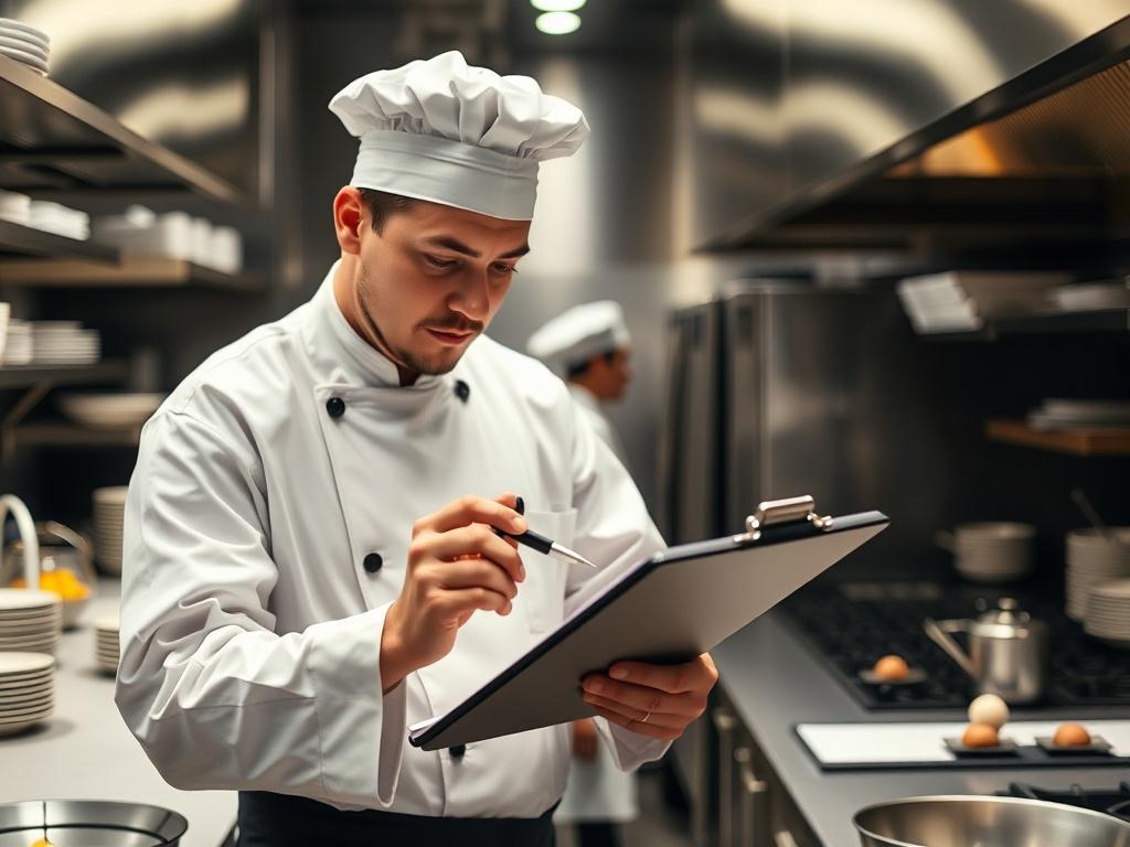 A kitchen undergoing an efficiency audit, with a chef analyzing workflow and layout on a clipboard. The environment should be bustling yet organized, highlighting areas of focus for operational improvement.