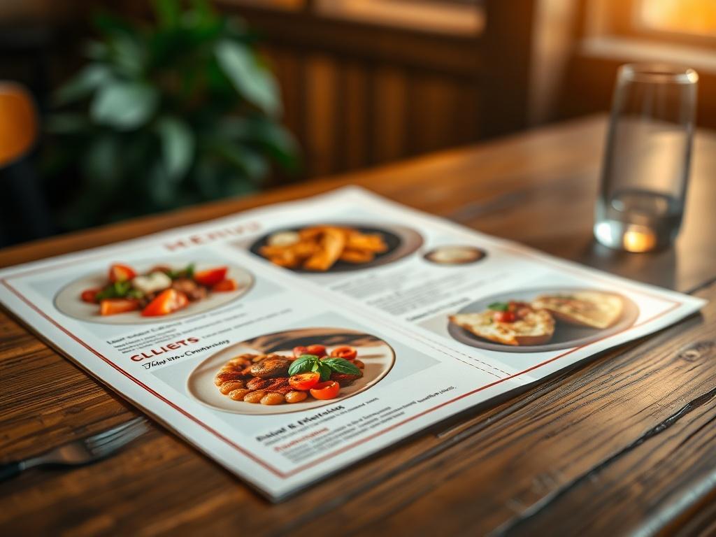 A beautifully designed menu layout on a rustic wooden table, featuring vibrant images of delectable dishes. The background should be softly blurred, focusing on the menu details, with warm lighting that enhances the colors and textures of the food imagery.