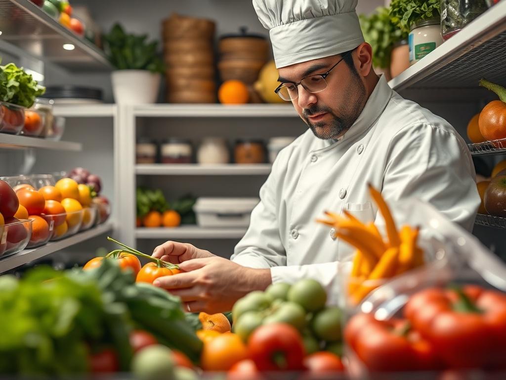 An engaging visual of a chef inspecting fresh produce in a well-organized pantry, emphasizing sustainability and waste reduction. The image showcases vibrant, fresh ingredients neatly arranged, highlighting the importance of utilizing every component in the kitchen.