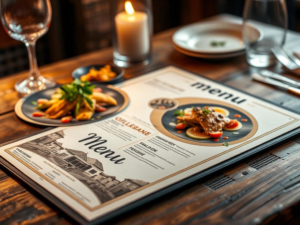 A beautifully designed restaurant menu laid on a rustic wooden table, featuring vibrant dishes and elegant typography. The setting is warm and inviting, with soft lighting creating a cozy atmosphere. The focus is on the menu, showcasing an array of gourmet dishes that reflect culinary excellence.
