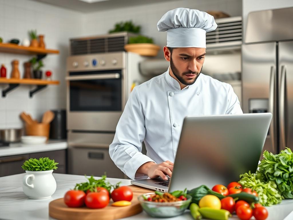 A hyper-realistic close-up shot of a professional chef working on a laptop in a modern kitchen setting. The chef, wearing a crisp white uniform and a chef's hat, is intently focused on the screen while surrounded by fresh ingredients like herbs, vegetables, and spices. The kitchen is bright and well-organized with stainless steel appliances in the background. The color scheme prominently features rgb(50, 170, 39) to create a fresh and vibrant atmosphere.