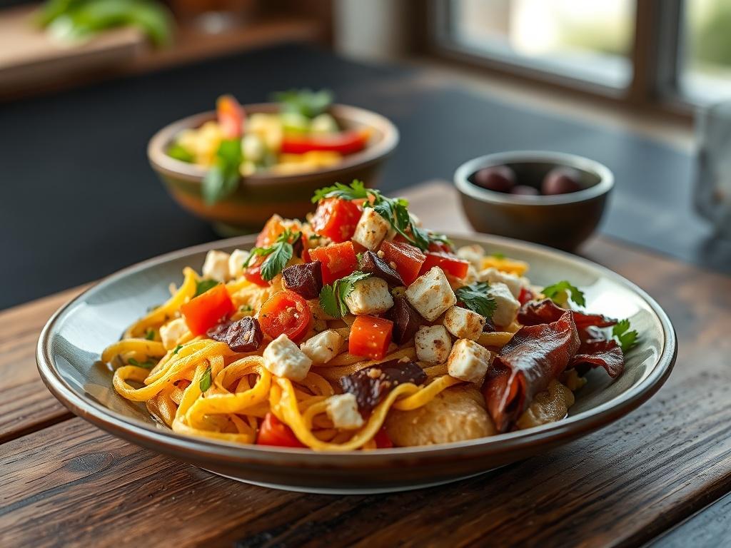A high-resolution photo of a beautifully plated Grexican dish, combining elements of Greek and Mexican cuisine. The dish should be vibrant and colorful, set on a rustic table with natural light highlighting the textures.