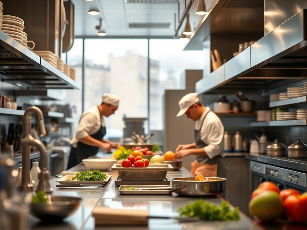 A high-resolution photo showcasing a well-organized commercial kitchen with chefs collaborating efficiently. Highlight the layout and workspace, focusing on tools and fresh ingredients, with bright colors and an inviting atmosphere.