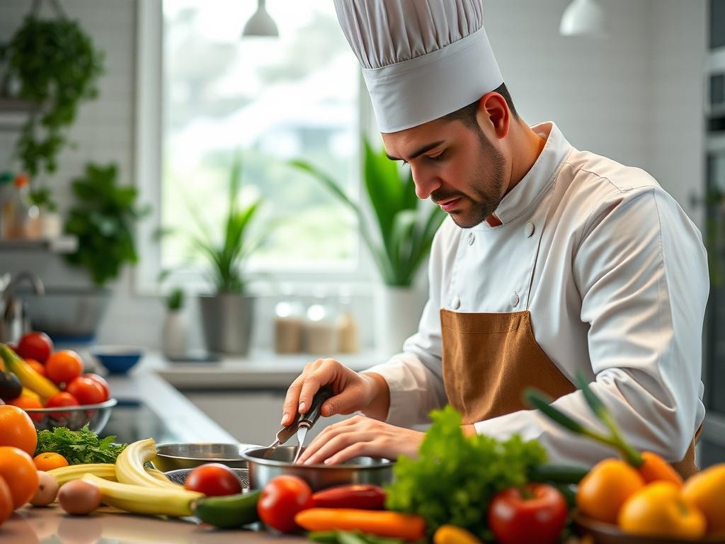 A high-resolution photo of a professional chef in a modern kitchen, deeply focused on a cooking task, with vibrant ingredients around. The background should be a clean, well-organized kitchen, accented with green plants and natural light.