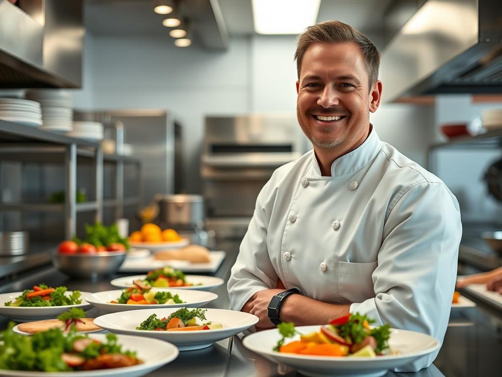 A close-up shot of a professional chef in a modern kitchen, showcasing Kurt Gutenbrunner, a restaurant owner from New York. He is smiling proudly, wearing a crisp white chef's coat, surrounded by beautifully plated dishes and vibrant ingredients. The kitchen is well-lit, with high-quality kitchen equipment visible in the background. The overall atmosphere conveys a sense of culinary excellence and passion for food.