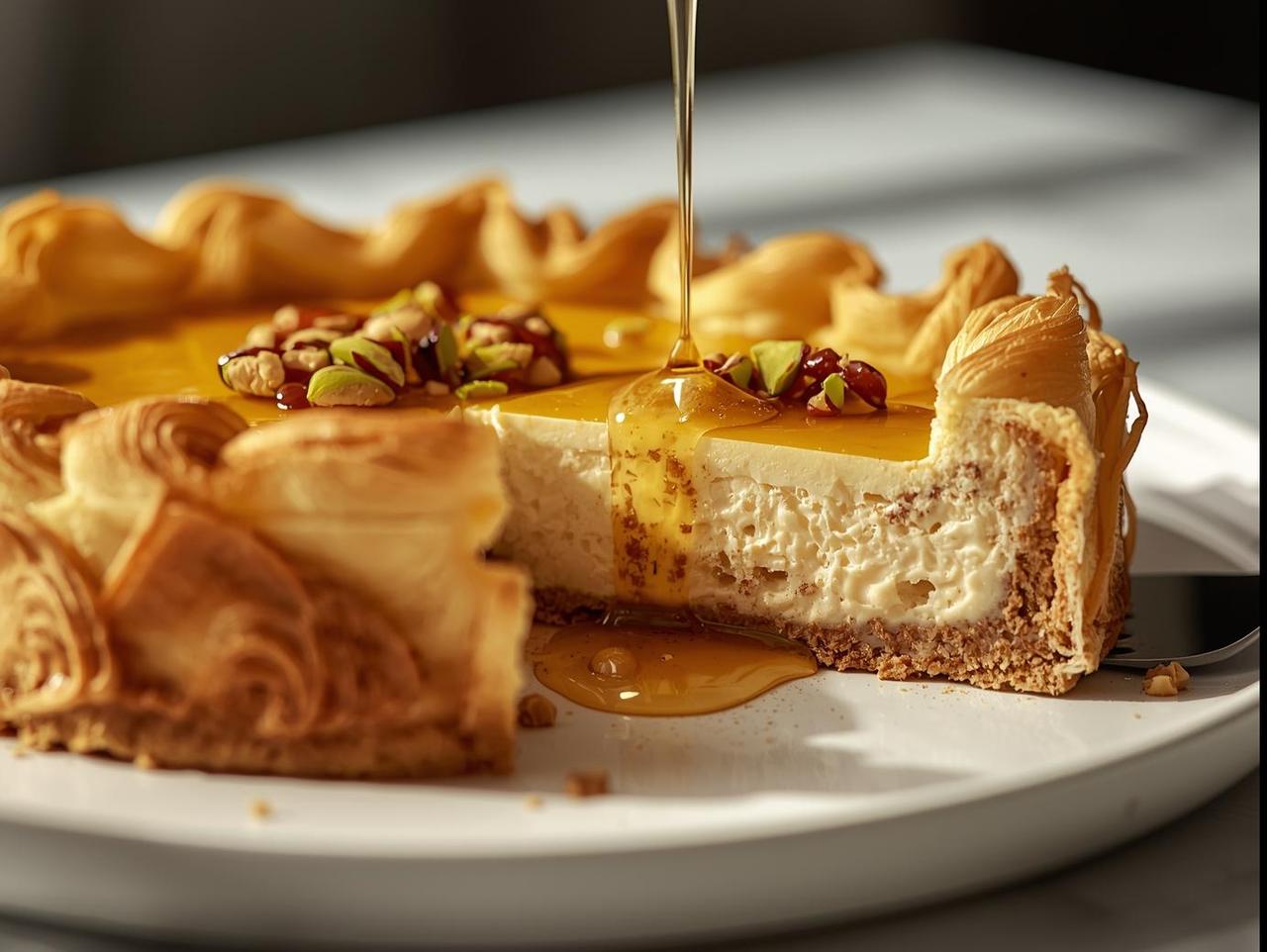 cheesecake baklava fusion_a creamy new york–style cheesecake wrapped in layers of crisp golden phyllo, filled with pistachios and walnuts, and drizzled with warm honey syrup. served on a matte white plate, sli (1).jpg