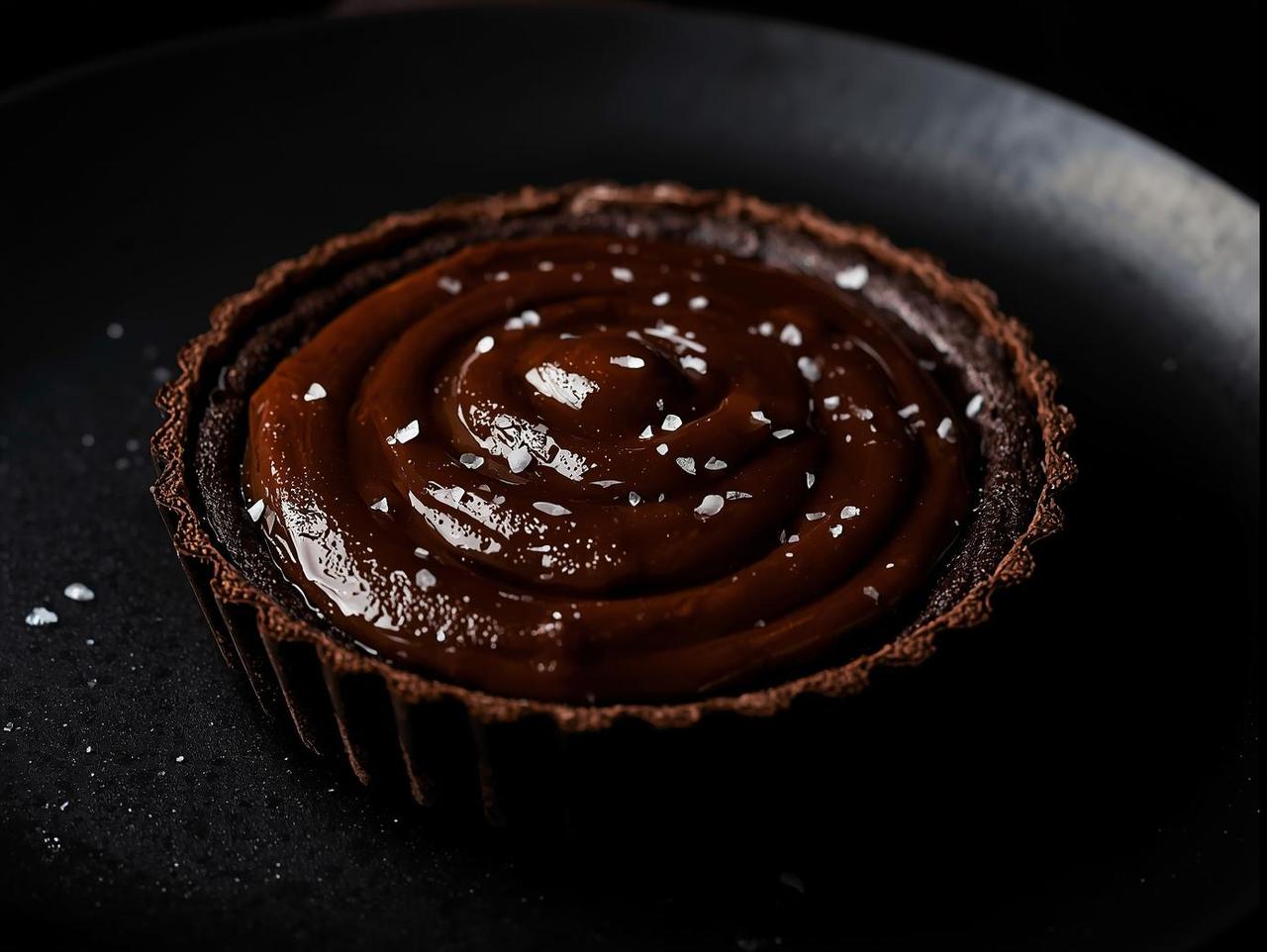 dark chocolate tart with salted caramel swirl and sea salt flakes — plated on matte black ceramic, dramatic lighting highlighting glossy caramel, crisp tart edges visible. (1).jpg