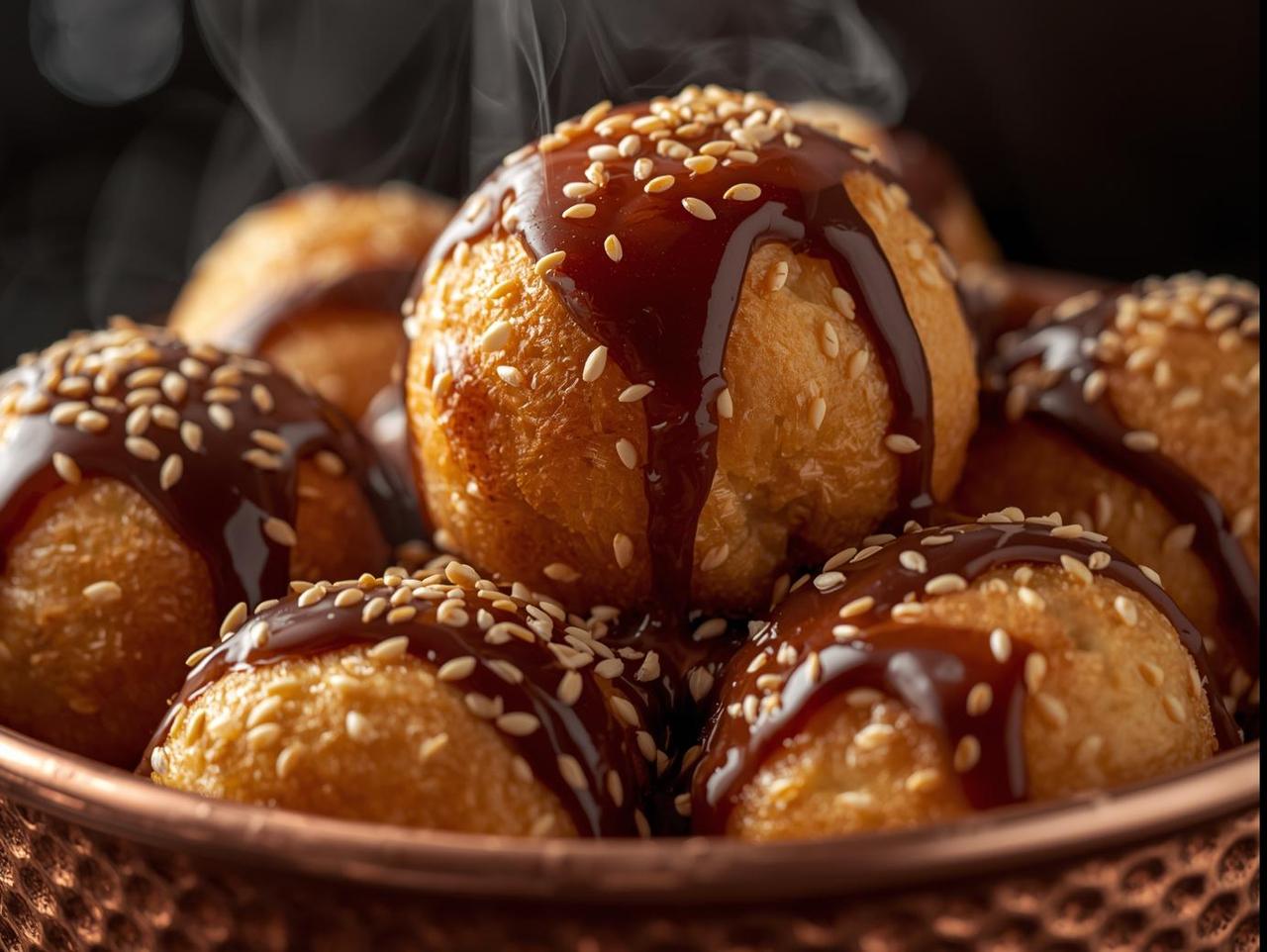 loukoumades (greek honey puffs) drizzled with chocolate and sesame — served in a rustic copper bowl, syrup dripping down, steam visible, intimate close-up shot at 70° angle. (1).jpg