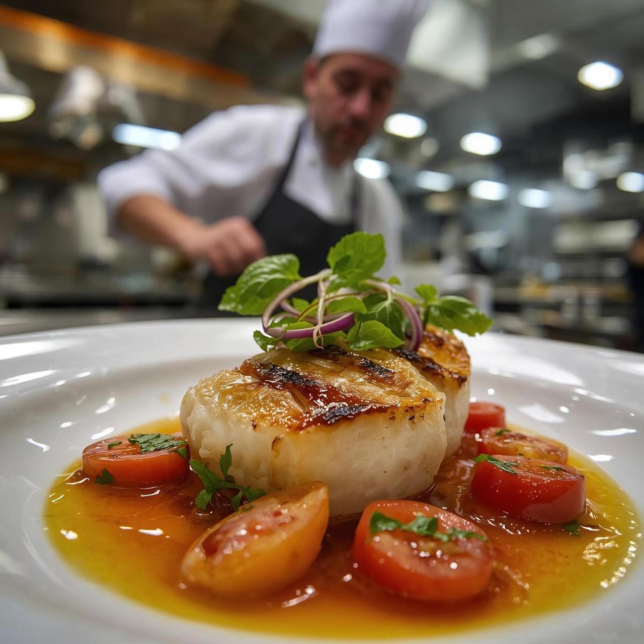 create a mediterranean dish with a grilled sea bass filet  but with a modern twist, with a greek middle-aged chef putting the final touch on the pass of the kitchen, keep the angel of the picture in a 70 degre (1).jpg