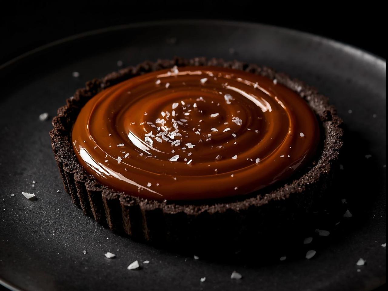 dark chocolate tart with salted caramel swirl and sea salt flakes — plated on matte black ceramic, dramatic lighting highlighting glossy caramel, crisp tart edges visible..jpg
