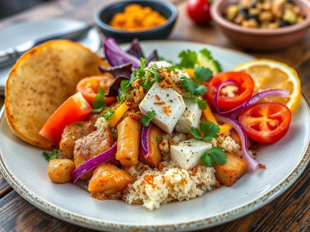 An artistic plate of Grexican fusion food, combining Greek and Mexican elements, presented in a vibrant and colorful display, with a rustic table setting.