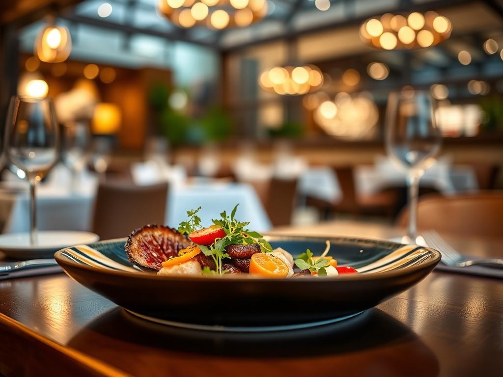 A beautifully presented gourmet dish on a restaurant table, featuring vibrant colors and artistic plating, with a blurred restaurant interior in the background.