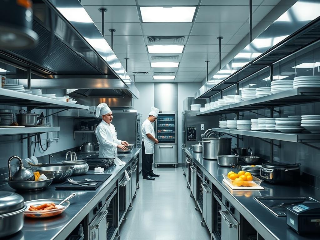 An organized commercial kitchen with efficient layout, showcasing chefs at work, surrounded by modern kitchen equipment, with a focus on cleanliness and organization.