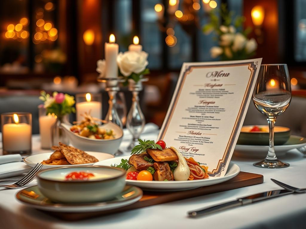 A close-up shot of a beautifully designed menu featuring exquisite dishes, elegantly arranged on a restaurant table. The background is softly blurred to emphasize the menu, with decor elements like candles and flowers creating a warm, inviting atmosphere. The image is vibrant, capturing the essence of gourmet dining.
